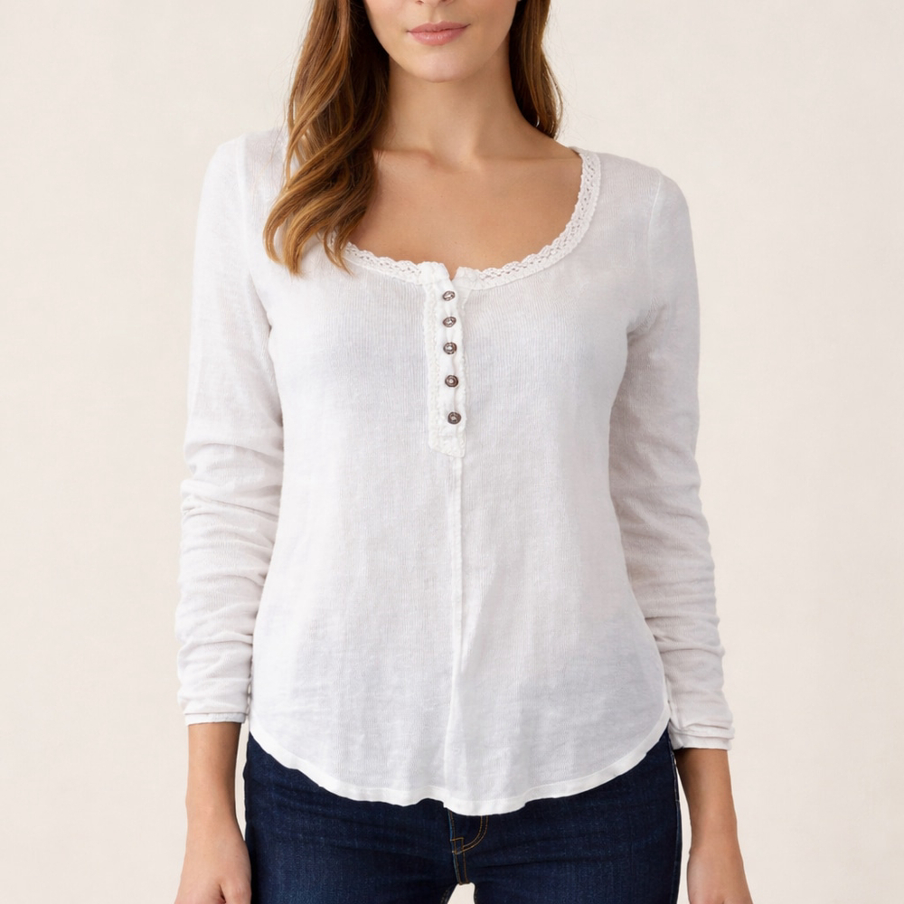 Pilcro Linen Cotton Henley Top White Long Sleeve Anthropologie Women S - Picture 2 of 10